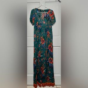 Patrons of Peace large maxi dress short sleeve green botanical boho festival
